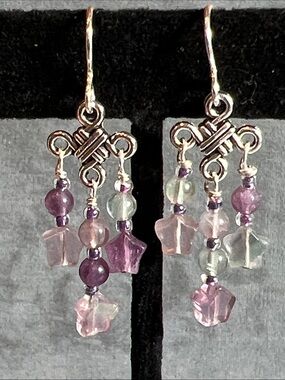 Artisan Sterling Silver chandelier dangle earrings in rainbow fluorite gemstones